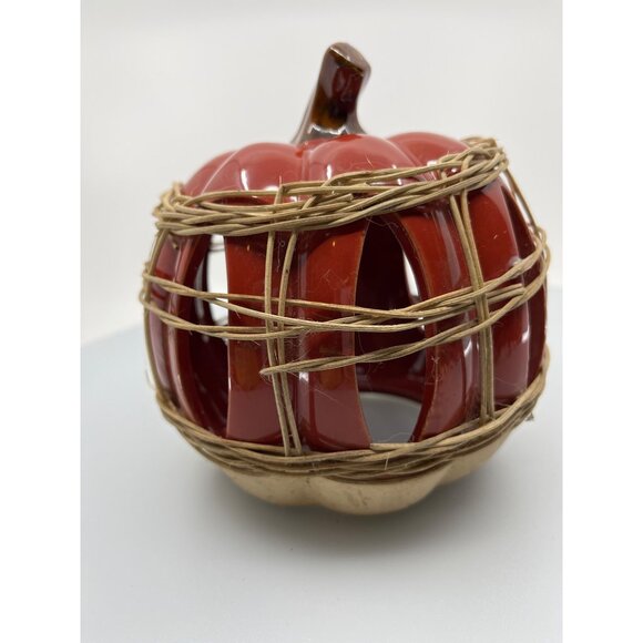 Ceramic Pumpkin Candle Holder With Rustic Wicker Detailing - Picture 11 of 13